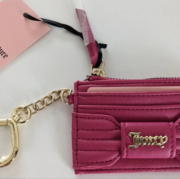 💕NWT Juicy Couture PRETTY BOW CARD CASE w/Heart Key Chain Logo RASPBERRY - Picture 2 of 7